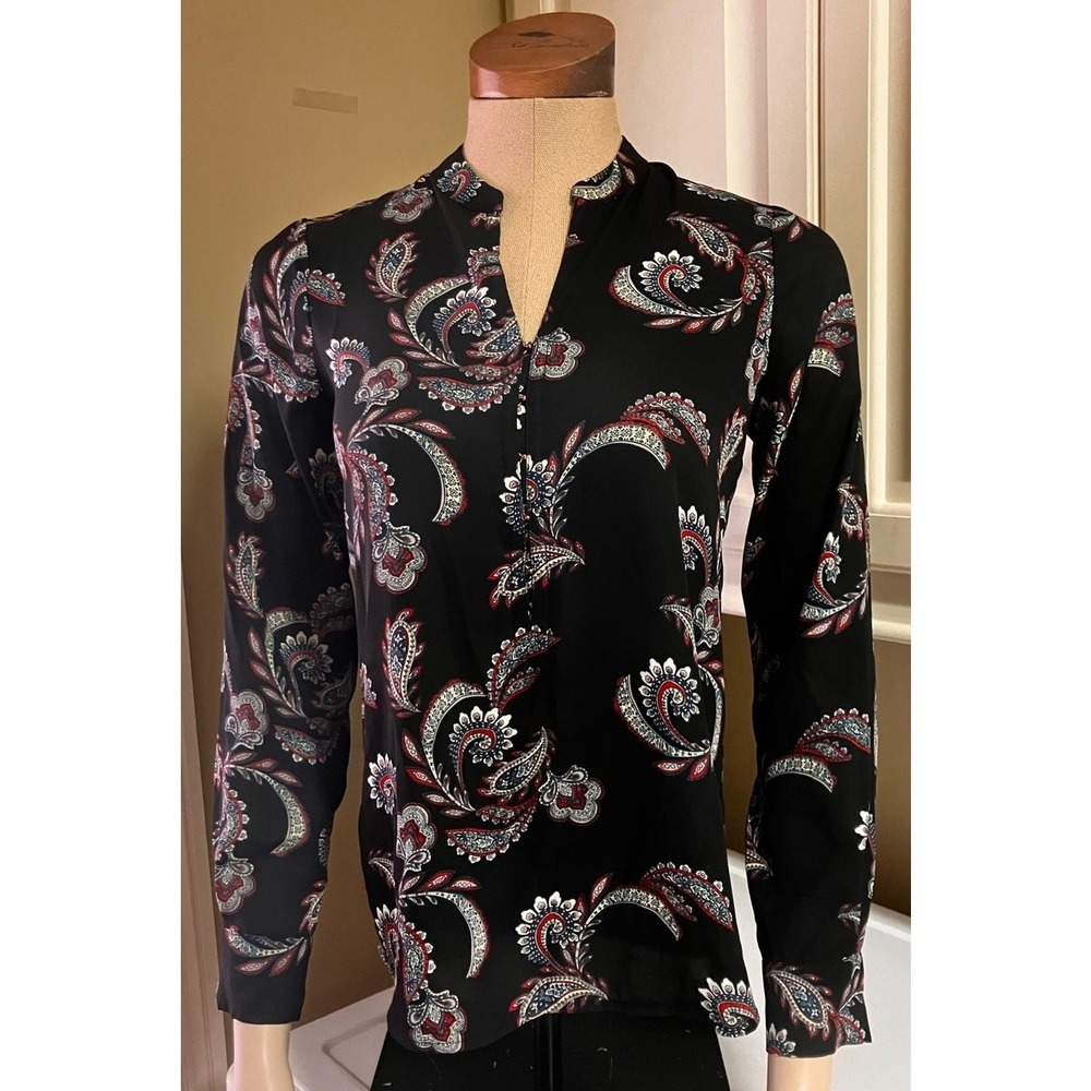 Ivanka Trump Womens Small Black Blouse Floral Paisley Red, Long Sleeve, Sheer